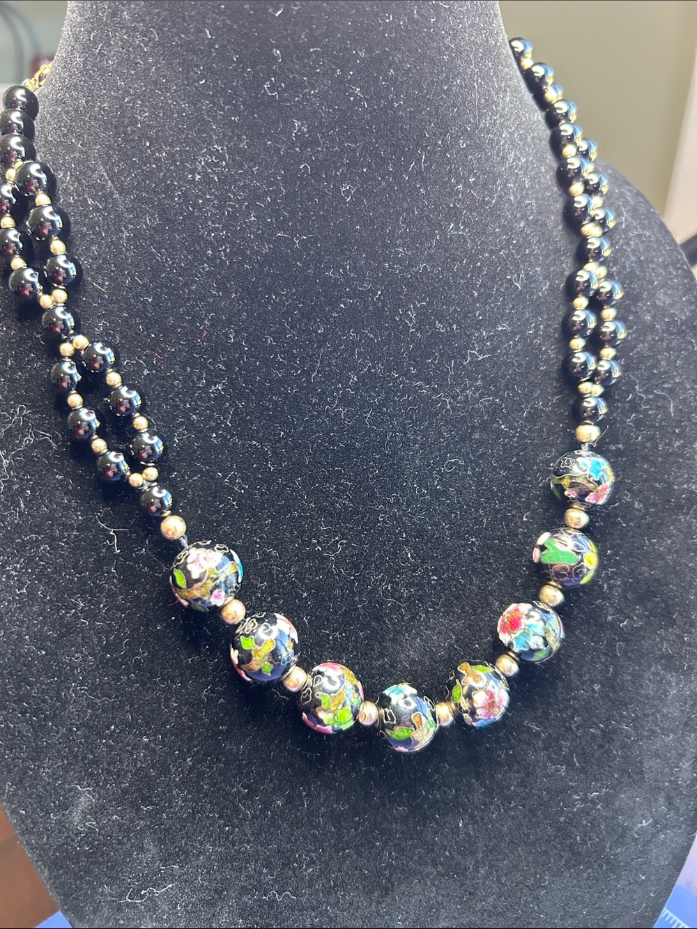 Chinese black floral cloisonné beaded mid century artisan necklace hand knotted